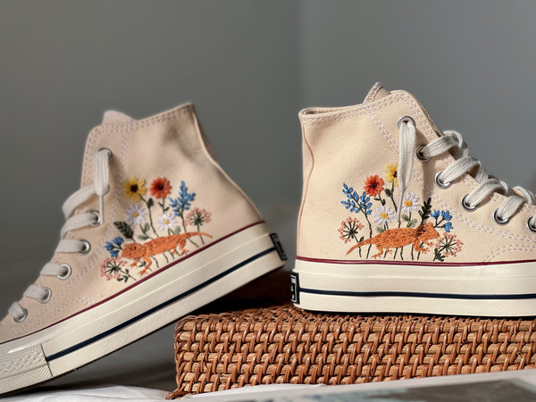 Embroidered Converse High TopsCustom Converse PetFloral ConverseEmbroidered ConverseGarden Of Sunflowers And Daisies And LizardsGifts - 1.jpg