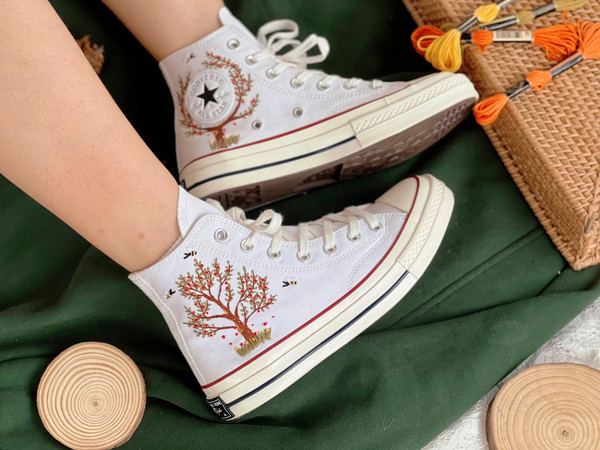 Embroidered Converse High TopsFlower ConverseEmbroidered Big Apple Tree,Bees And FlowersEmbroidered Logo Chuck Taylor 1970sGift Her - 1.jpg
