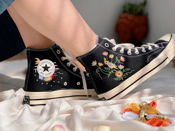 Embroidered ConverseConverse Flower And PetCustom Converse Bird And FlowerEmbroidered Converse GerberaFlower Girl ShoesFloral Converse, - 2.jpg
