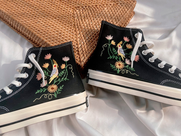 Embroidered ConverseConverse Flower And PetCustom Converse Bird And FlowerEmbroidered Converse GerberaFlower Girl ShoesFloral Converse, - 6.jpg
