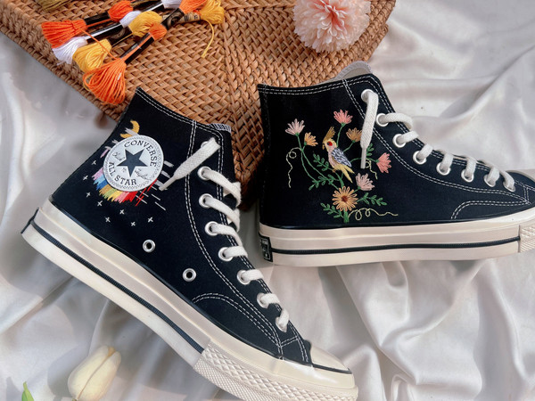 Embroidered ConverseConverse Flower And PetCustom Converse Bird And FlowerEmbroidered Converse GerberaFlower Girl ShoesFloral Converse, - 7.jpg
