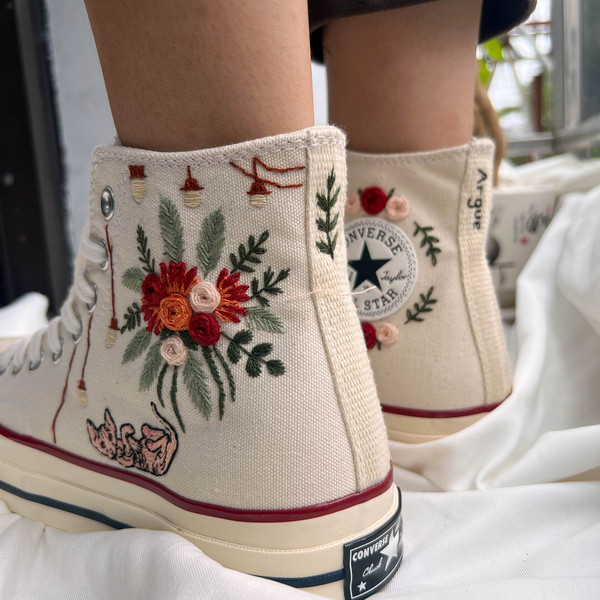 Embroidered ConverseWedding ConverseConverse High Tops Wedding Flowers And CatsCustom Chuck Taylor 1970sWedding Sneakers - 4.jpg