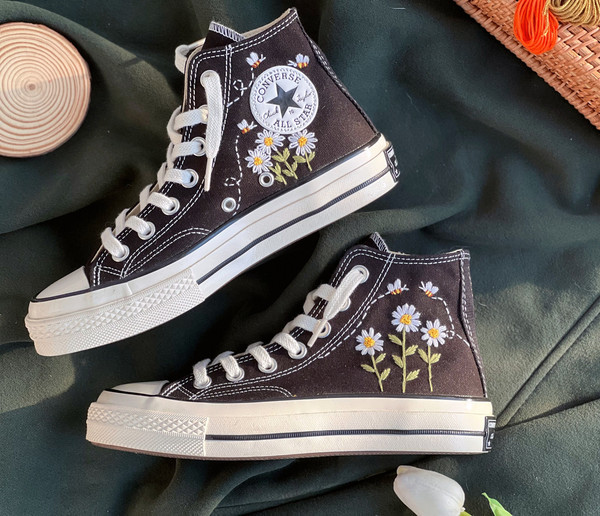 Flower ConverseCustom Converse White Chrysanthemum And BeesEmbroidered Logo DaisyCustom Converse Chuck Taylors 1970sGift For Her - 2.jpg