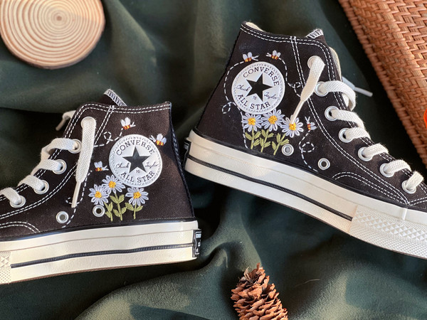 Flower ConverseCustom Converse White Chrysanthemum And BeesEmbroidered Logo DaisyCustom Converse Chuck Taylors 1970sGift For Her - 3.jpg