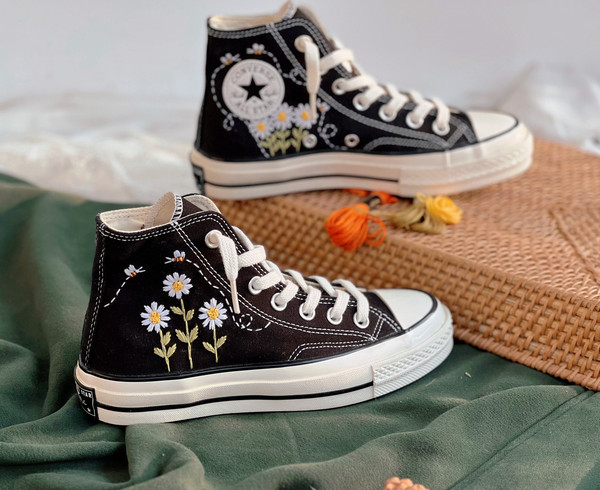 Flower ConverseCustom Converse White Chrysanthemum And BeesEmbroidered Logo DaisyCustom Converse Chuck Taylors 1970sGift For Her - 5.jpg