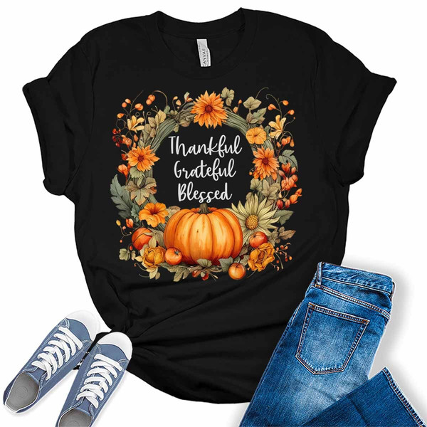Thankful Grateful Blessed Fall Floral Pumpkin Wreath Women's Thanksgiving Graphic Tee.jpg