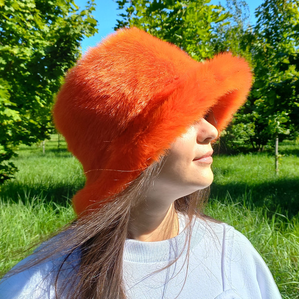 Festival fuzzy hat. Cute orange fluffy hat. Rave shaggy hat. Furry bucket hat