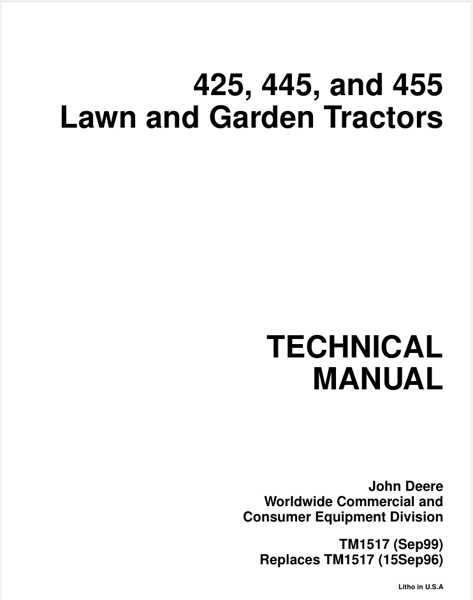 John Deere 425, 445, 455 Lawn & Garden Tractors TM1517 Technical Manual.png