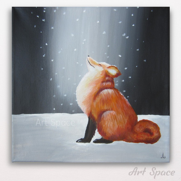 fox-animal- snow-enjoying snow-winter-snowdrifts-painting on canvas-dark painting-square painting-2.jpg