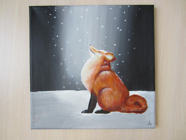 fox-animal- snow-enjoying snow-winter-snowdrifts-painting on canvas-dark painting-square painting-3.JPG
