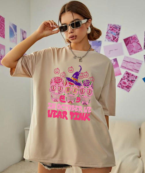 In October We Wear Pink Shirt, Breast Cancer Halloween Shirt, Pink Ghost shirt, Halloween gift, Horror Halloween Shirt, Cancer Warrior Shirt - 4.jpg