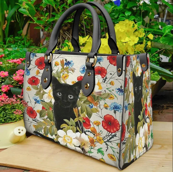Black Cat Beautiful Floral Women leather Bag,Black Cat Woman Handbag,Black Cat Women Bag and Purses,Custom Leather Bag,Black Cat Lovers Gift - 1.jpg