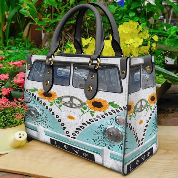 Hippie Van Truck Peace Sunflower Women leather Bag handbag,Hippie Woman Handbag,Hippie Women Bag and Purses,Custom Leather Bag,Hippie Gifts - 1.jpg