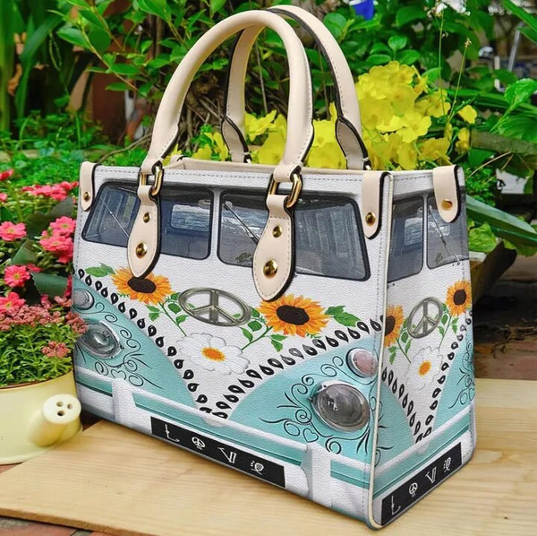 Hippie Van Truck Peace Sunflower Women leather Bag handbag,Hippie Woman Handbag,Hippie Women Bag and Purses,Custom Leather Bag,Hippie Gifts - 2.jpg