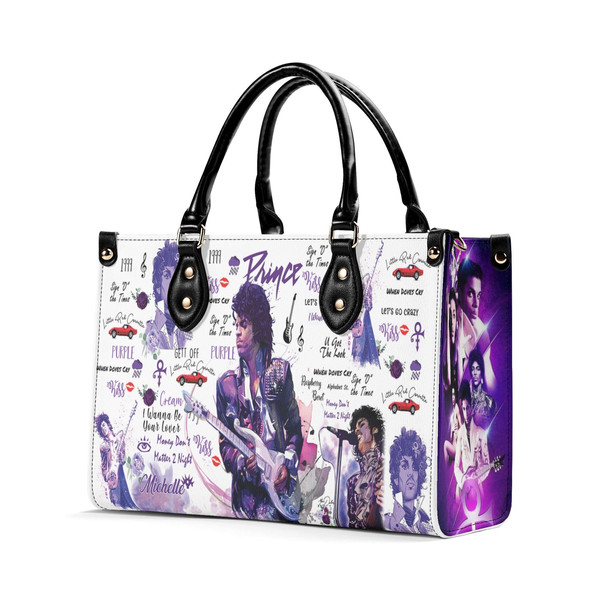 Prince Singer Leather Handbag, Watercolor Art - Prince Purple Women Bag, Personalized Leather BagPurseTote Bag, Custom Prince Shoulder Bag - 4.jpg