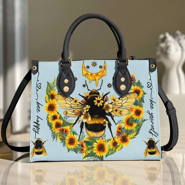 Bee Sunflower Leather Bag,Women Leather Handbag,Crossbody Bag,Personalized Leather bag,Shoulder Handbag,Handmade bag, teacher handbag - 2.jpg