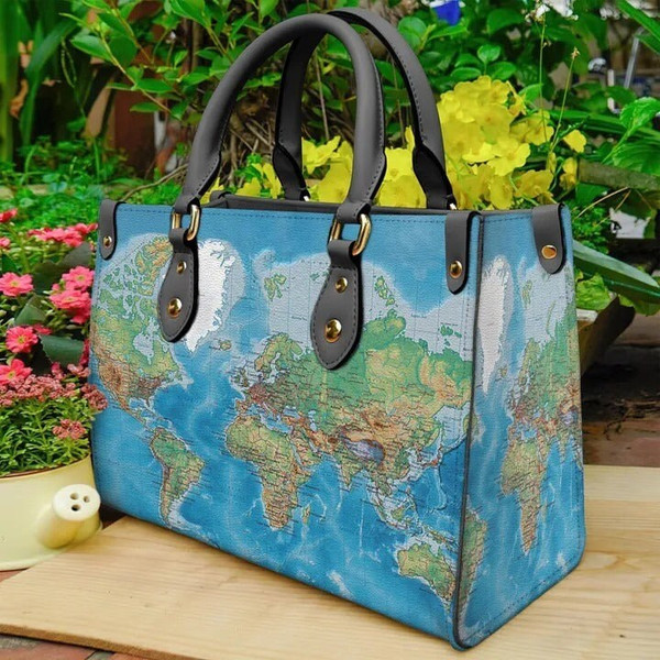 Globe World Map Handbag Leather handBag,Map Leather Bag,Travel handbag,Teacher Handbag,Gift for fan,Handmade Bag,Custom Bag,Vintage Bags - 2.jpg