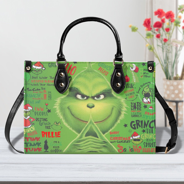 Grinch Christmas Leather Bag, Grinch Lover Handbag, Custom Leather Bag, Woman Handbag, Custom Leather Bag, Shopping Bag, Handmade Bag - 2.jpg