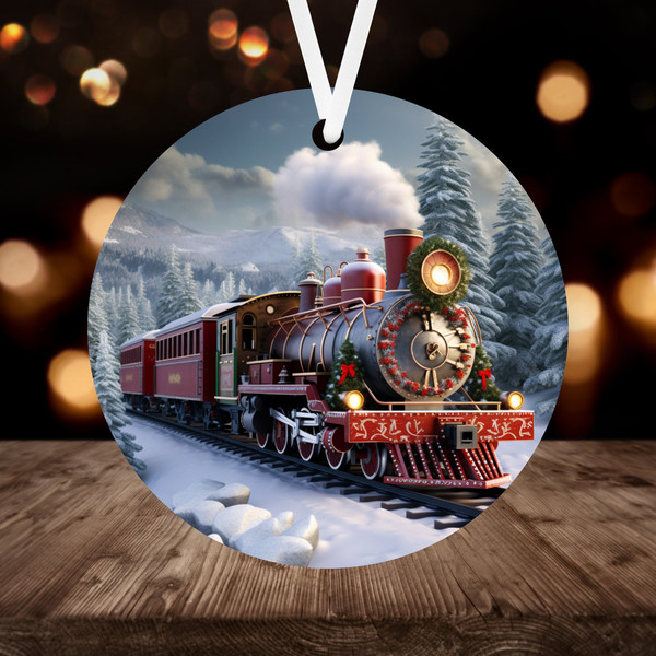 Christmas Train Ornament Sublimation PNG, 300 dpi, Instant Digital Download, Christmas Round Ornament PNG Christmas Train Locomotive - 1.jpg