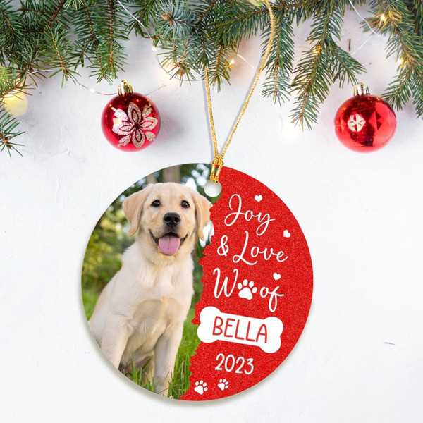 Personalized Dog Photo Frame Ornament Christmas 2023, Picture Joy & Love Woof Christmas Ornament, Customized Photo Dog Ornaments Gift - 4.jpg