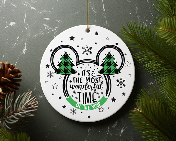 Mickey Green Plaid It's the Most Wonderful Time Of The Year Christmas Ceramic Ornament Home Decor Christmas Round Ornament - 1.jpg