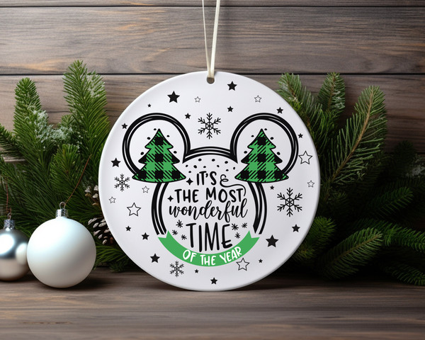 Mickey Green Plaid It's the Most Wonderful Time Of The Year Christmas Ceramic Ornament Home Decor Christmas Round Ornament - 2.jpg