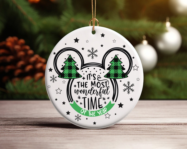 Mickey Green Plaid It's the Most Wonderful Time Of The Year Christmas Ceramic Ornament Home Decor Christmas Round Ornament - 4.jpg