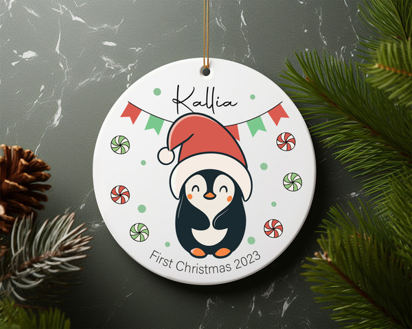 Personalised Baby's First Christmas Decoration Penguin Ceramic Ornament Home Decor Christmas Round Ornament - 1.jpg