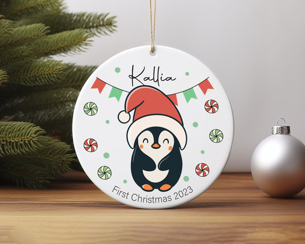 Personalised Baby's First Christmas Decoration Penguin Ceramic Ornament Home Decor Christmas Round Ornament - 4.jpg