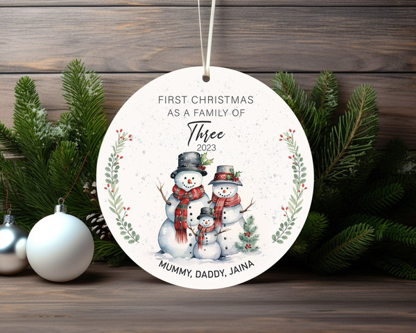 Personalised First Christmas As A Family Of Three Snowman Ceramic Ornament Home Decor Christmas Round Ornament - 5.jpg