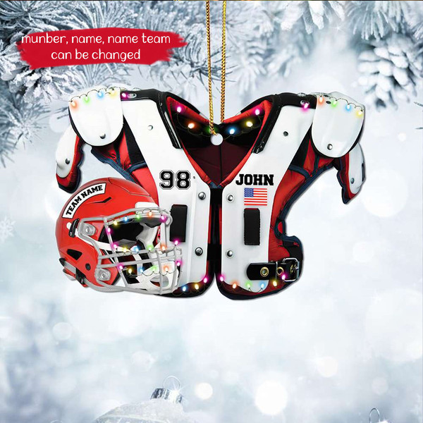 American Football Shoulder Pads And Helmet With Christmas Lights Personalized Ornament, American Football Flat Ornament, Christmas Gift - 1.jpg