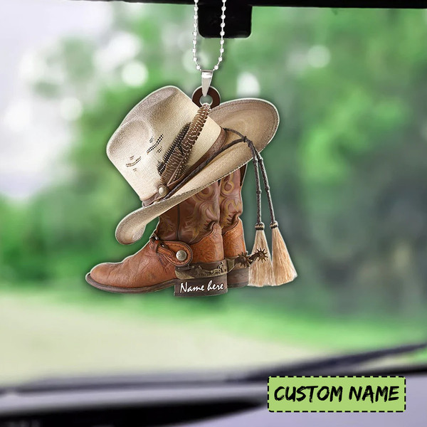 Boots And Hat Cowboy Personalized Car Ornament, Flat Acrylic Car Ornament, Cowboy Cowgirl Gift, Horse Lover Ornament - 1.jpg