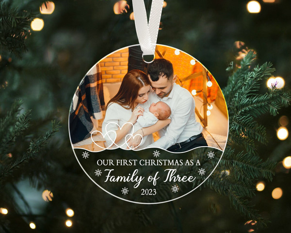 Custom Family Photo Ornament, Family of Three Ornament, First Christmas as Family of 3, Picture Ornament, Baby Photo Ornament, Family Gifts - 1.jpg