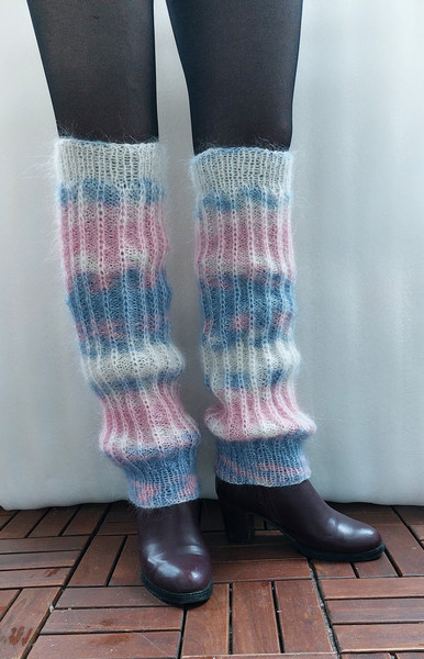 Long knitted mohair leggings, white - blue - pink cuffs on s - Inspire  Uplift