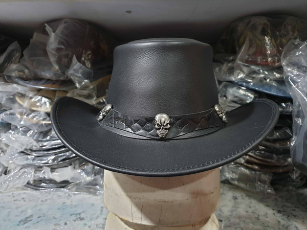Tri Skulls Band Black Leather Cowboy Hat (2).jpg