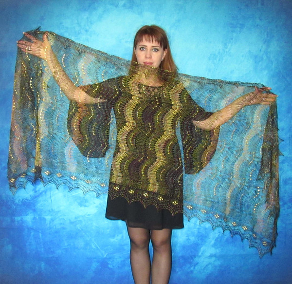 long green embroidered scarf for a woman, lace russian shawl, wool wrap, multicolored scarf, gift for her.JPG