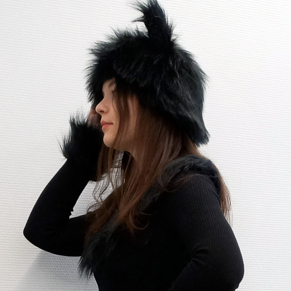 A hat with faux fur ears. Festival fluffy hat.Grey,black, beige fur hat for fancy dress of a wolf, lioness, cat, panther