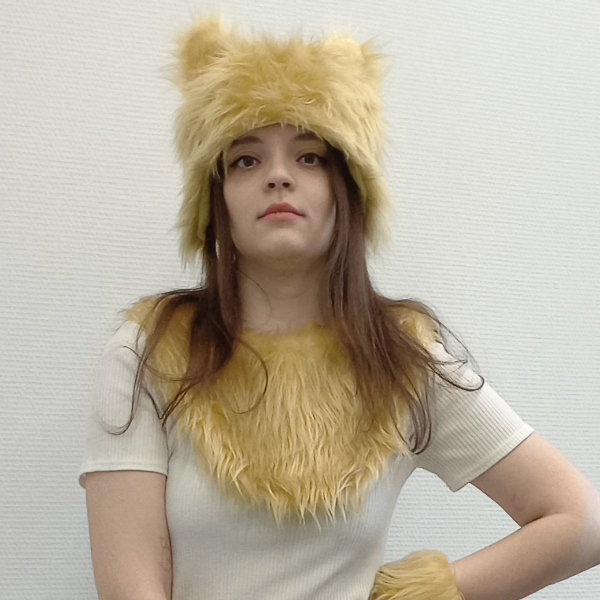 A hat with faux fur ears. Festival fluffy hat.Grey,black, beige fur hat for fancy dress of a wolf, lioness, cat, panther