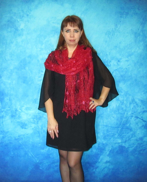 Red scarf with embroidery, Russian Orenburg shawl, Hand knit wool wrap, Warm bridal cape, Goat down cover up, Handmade stole, Kerchief, Gift for wife.JPG