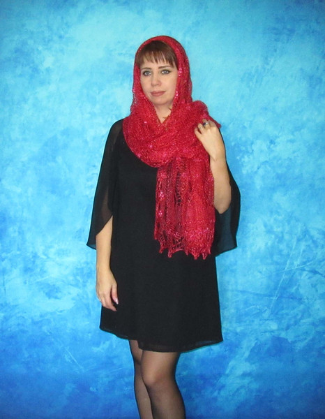 Red women scarf with embroidery, Russian Orenburg shawl, Hand knit wool wrap, Warm bridal cape, Goat down cover up, Handmade stole, Kerchief.JPG