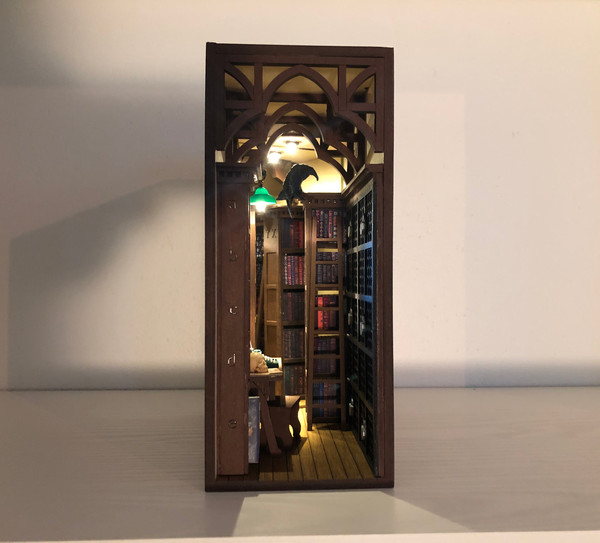 Library-book-nook-bookshelf-insert-diorama-Booknook-fully-assembled-Miniature-with-raven-and-scull-Shelf-insert-gothic-book-shelf-decor-8.JPG