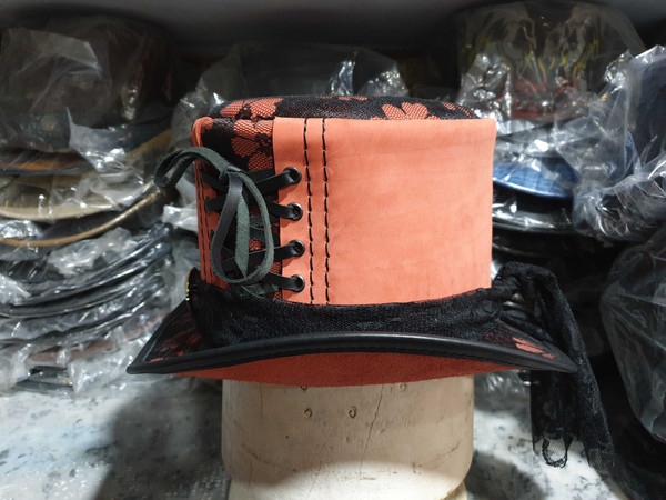 Steampunk Black Crusty Band Pink Leather Top Hat (7).jpg