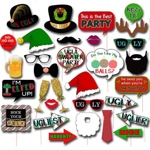 Printable Ugly Sweater Photo Booth Props, Selfie Station Grab a Prop Christmas Decor, Printable Art INSTANT DOWNLOAD Xmas Ugly Sweater Party.jpg
