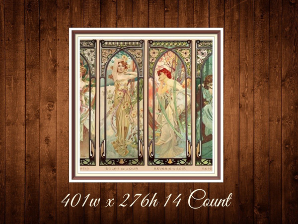 Four Times of the Day  Cross Stitch Pattern  Alphonse Mucha 1899   401w x 276h - 14 Count  PDF Vintage Counted.jpg