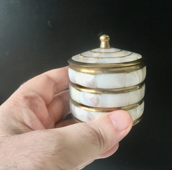 Round Brass Jewelry Box with Mother of Pearl Inlay