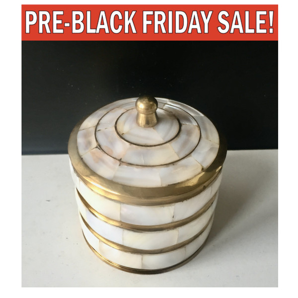 Round Brass Jewelry Box with Mother of Pearl Inlay and Lid with Handle