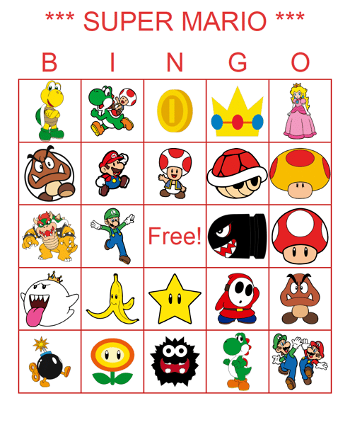 Super Mario Bingo Cards Printable,Party Game,100 unique bing - Inspire ...