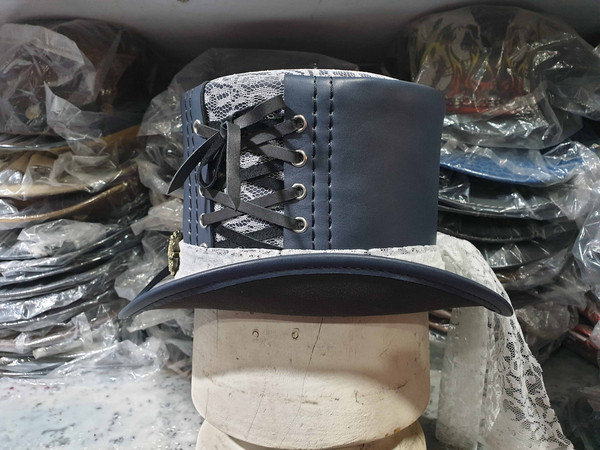 Steampunk Havisham White Crusty Fabric Navy Blue Leather Top Hat (4).jpg