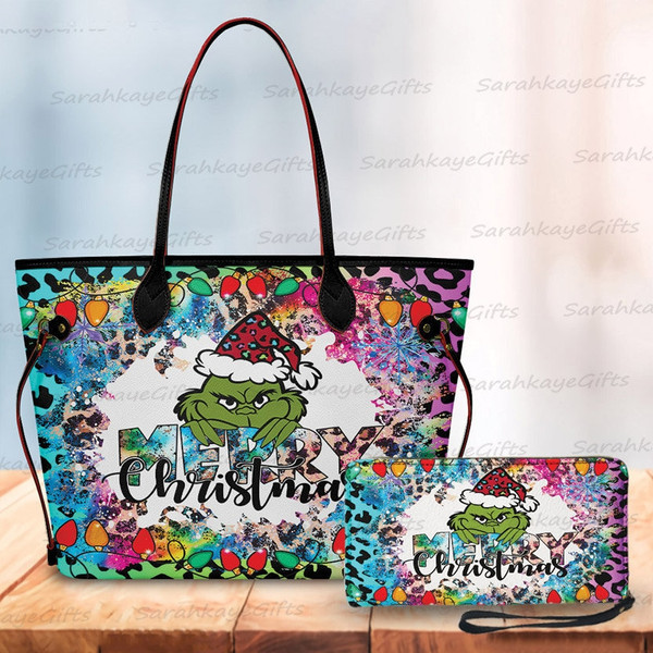 Grinch Christmas Large Leather Bag, Grinch Lover Handbag, Custom Leather Large Bag, Woman Handbag and Wallet, Shopping HandBag, Handmade Bag 4.jpg