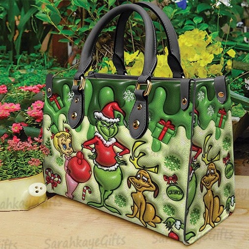 Grinch Christmas Leather Bag, Grinch Lover Handbag, Custom Leather Bag, Woman Handbag, Custom Leather Bag, Shopping Bag, Handmade Bag 3.jpg